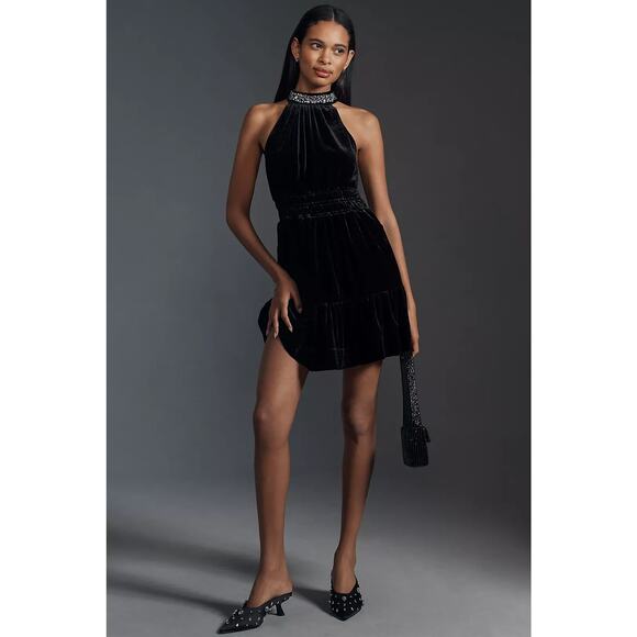 NWT Anthropologie The Somerset Mini Dress Velvet Halter Edition $168 SMALL Black - Picture 3 of 4